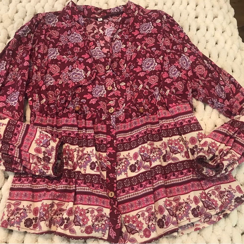 Pink floral babydoll-styled blouse, L, long sleeve
